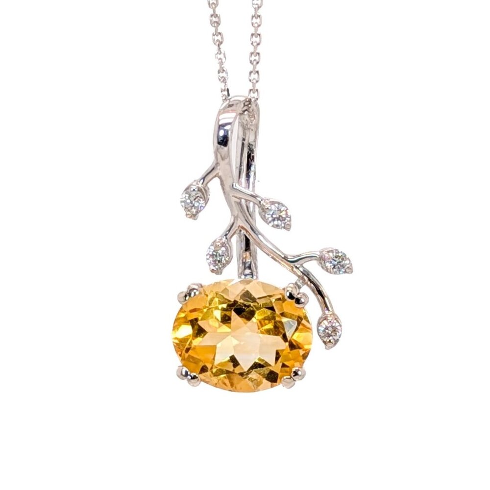 3.23ct Oval Citrine & Natural Diamond Leafy Vine Pendant in 14K White Gold